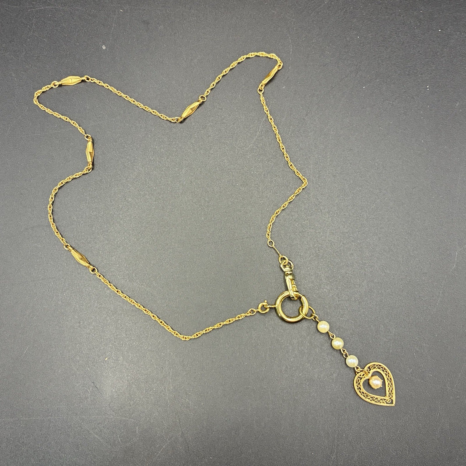 Stunning Vintage 12k Gold Filled Pocket Watch Chain FOB, Dog Clip, Heart Charm