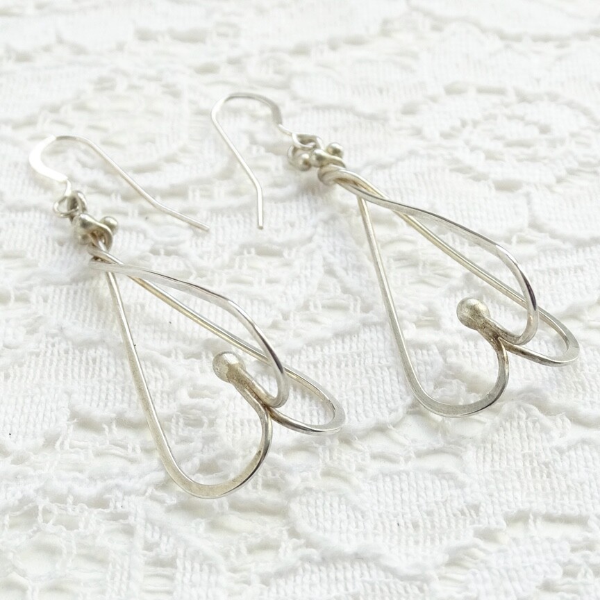 Vintage Modernist Pierced Drop Dangle Earrings Sterling Silver Wire Dimensional