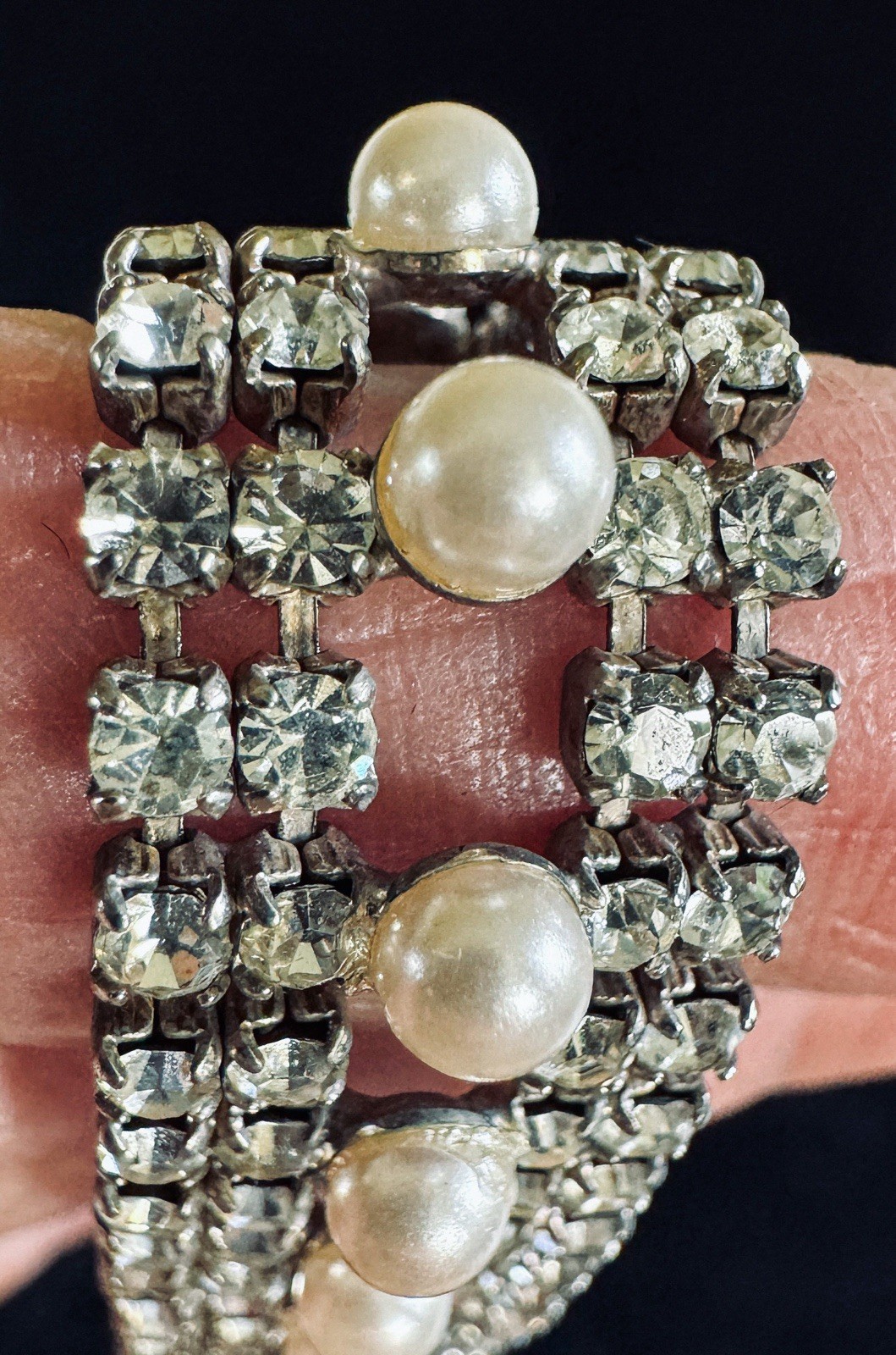 Vintage Multi Strand Clear Round Rhinestones and Faux Pearls Bracelet Box Clasp