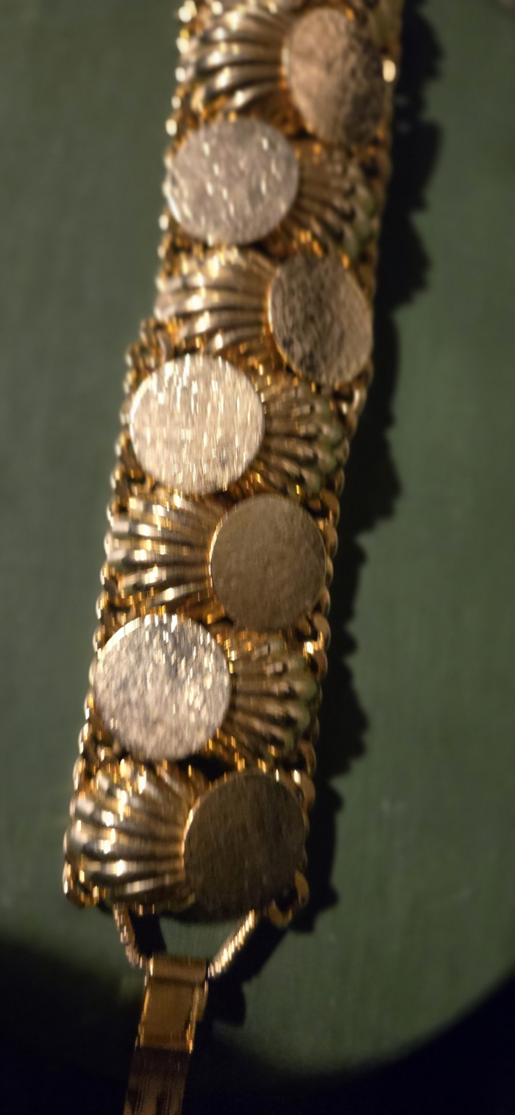 Vintage Gold Tone Metal Shells And Coins Details Bracelet 8″ Long 1.5″ Wide