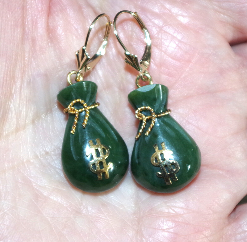 14K Exquisite Carved Jade bag of money Lucky Stone Lever back Earrings