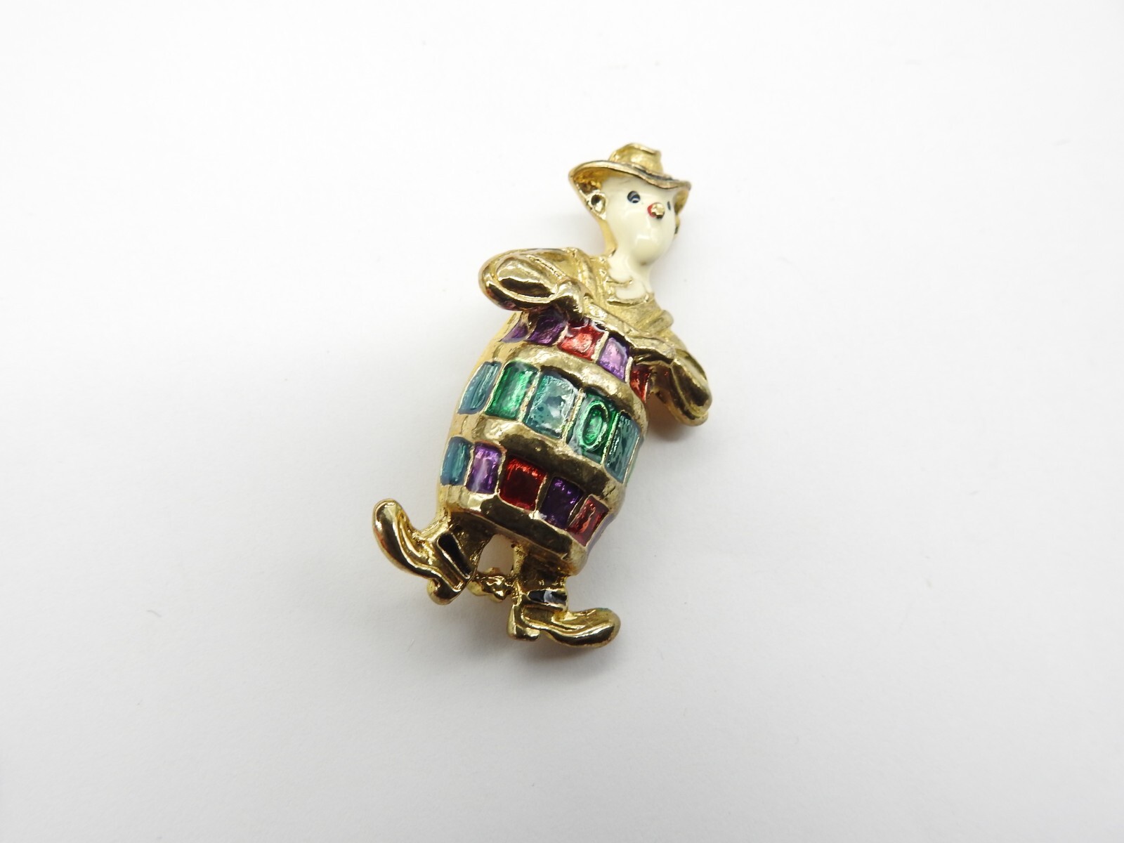 Purple Red Blue Green Cream Enamel Gold Tone Rodeo Clown Barrel Brooch Vintage