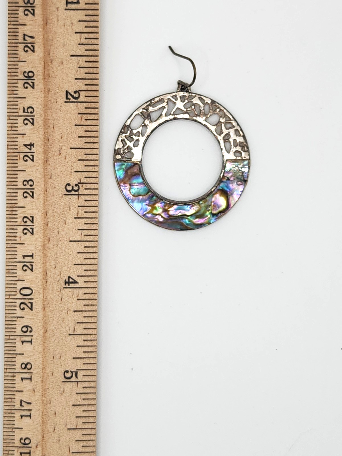 Vintage Abalone Open Circle Silver Earrings Signed KC Hook Mother Of Pearl