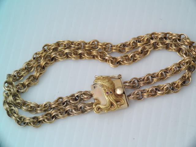 RARE ART NOUVEAU 14K GOLD ENAMEL JEWEL FACE DOUBLE CHAIN BRACELET 7 3/4 “
