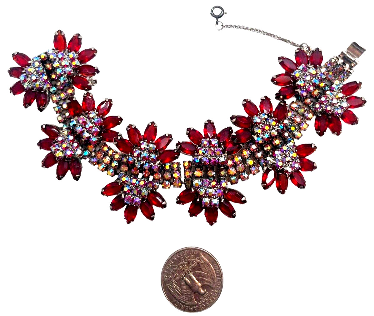 Glittering Fuchsia Pink AB & Red Marquise Exquisite Vintage Rhinestone Bracelet