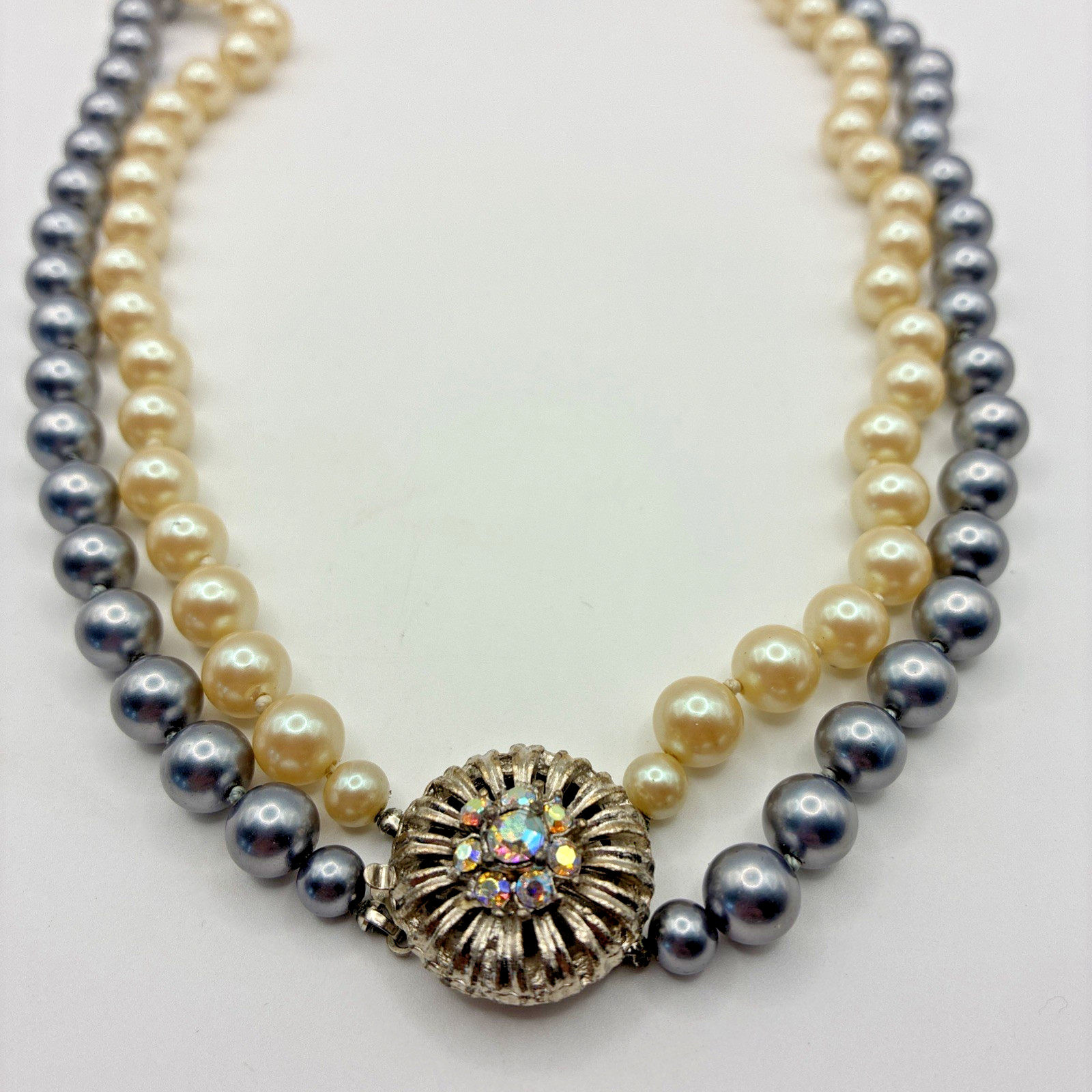 Vintage Double Strand Faux Pearl Necklace Hand Knotted Rhinestone Clasp Wedding