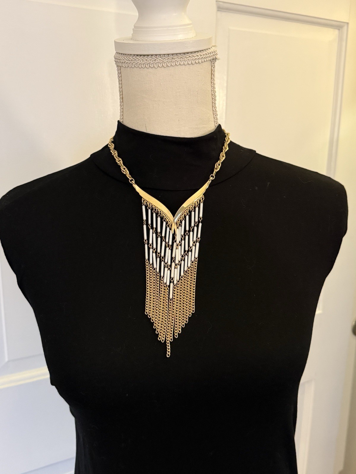 Vintage Beaded Waterfall Fringe Statement Bib Necklace Gold Tone