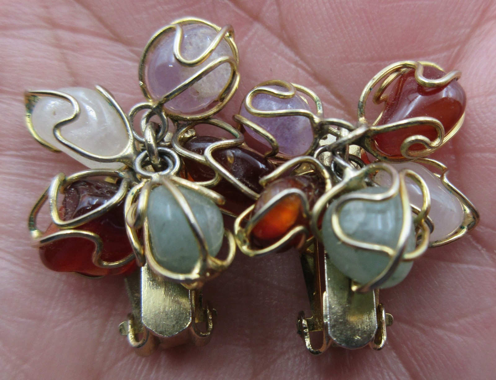 VTG UNUSUAL Clip on STUDS FAUX STONE gold tone OFF WHITE PURPLE GREEN Earrings