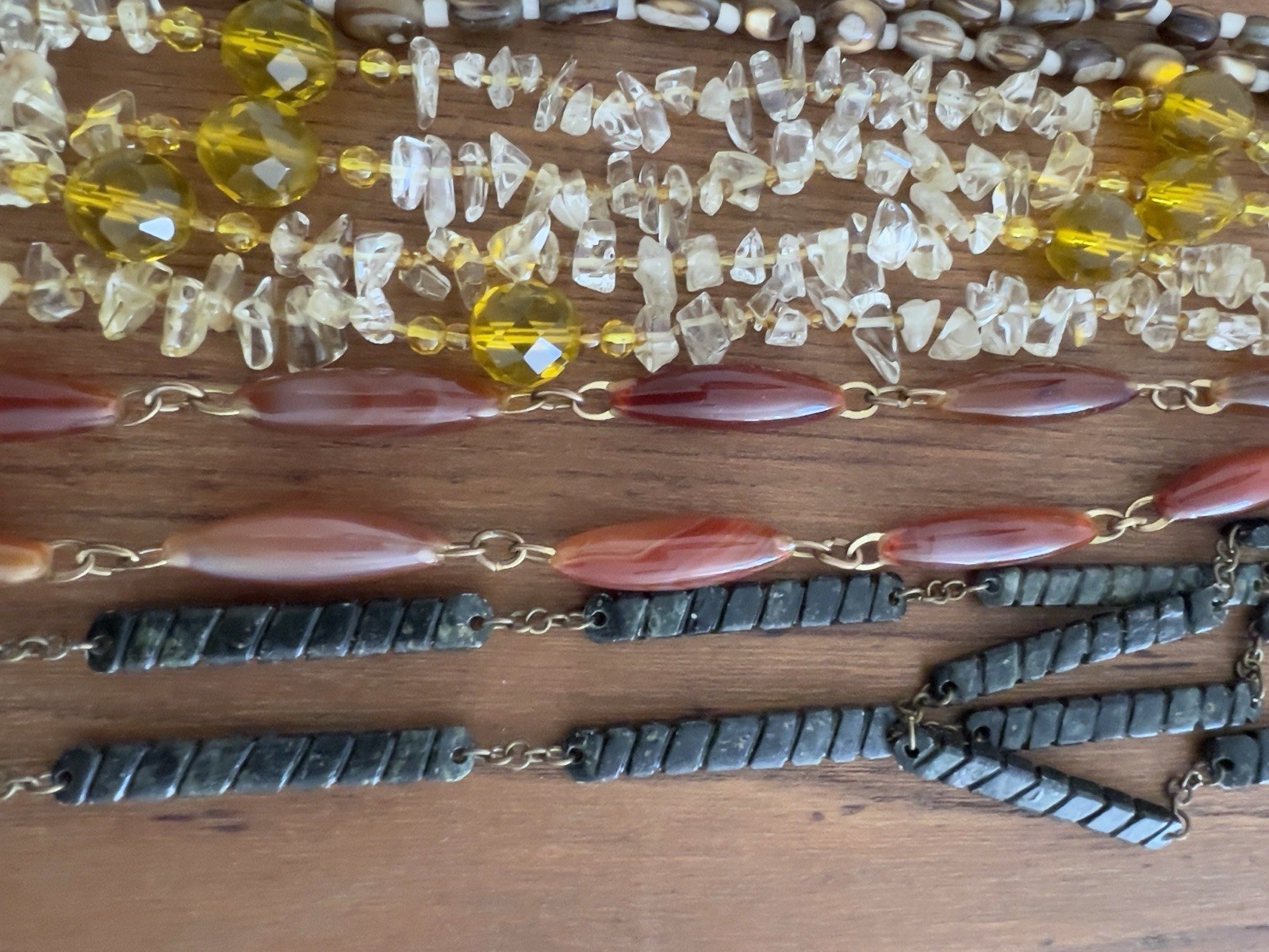 Vintage Lot – 4 Boho Necklaces: 20-48” – Moss Agate, Citrine, Trochus Shell Bead