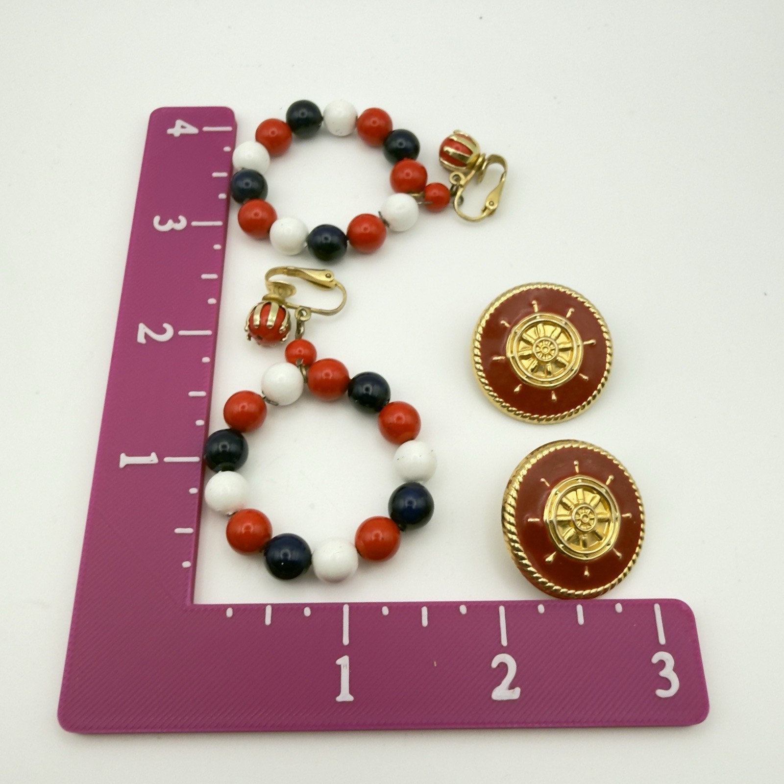 Vintage Clip On earrings Lot Nautical Red White Blue Hoop Button Retro 10pr USA