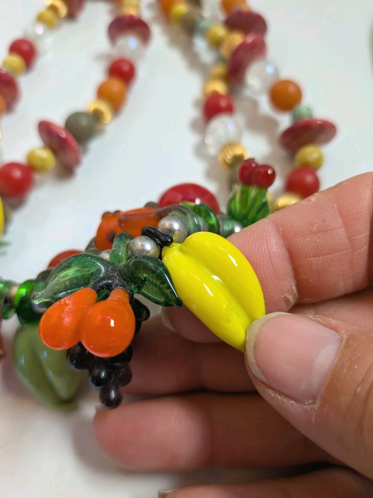 Vtg Fruit Salad Art Glass Fruit Dangle Charm Style Necklace Bananas Apple Grapes