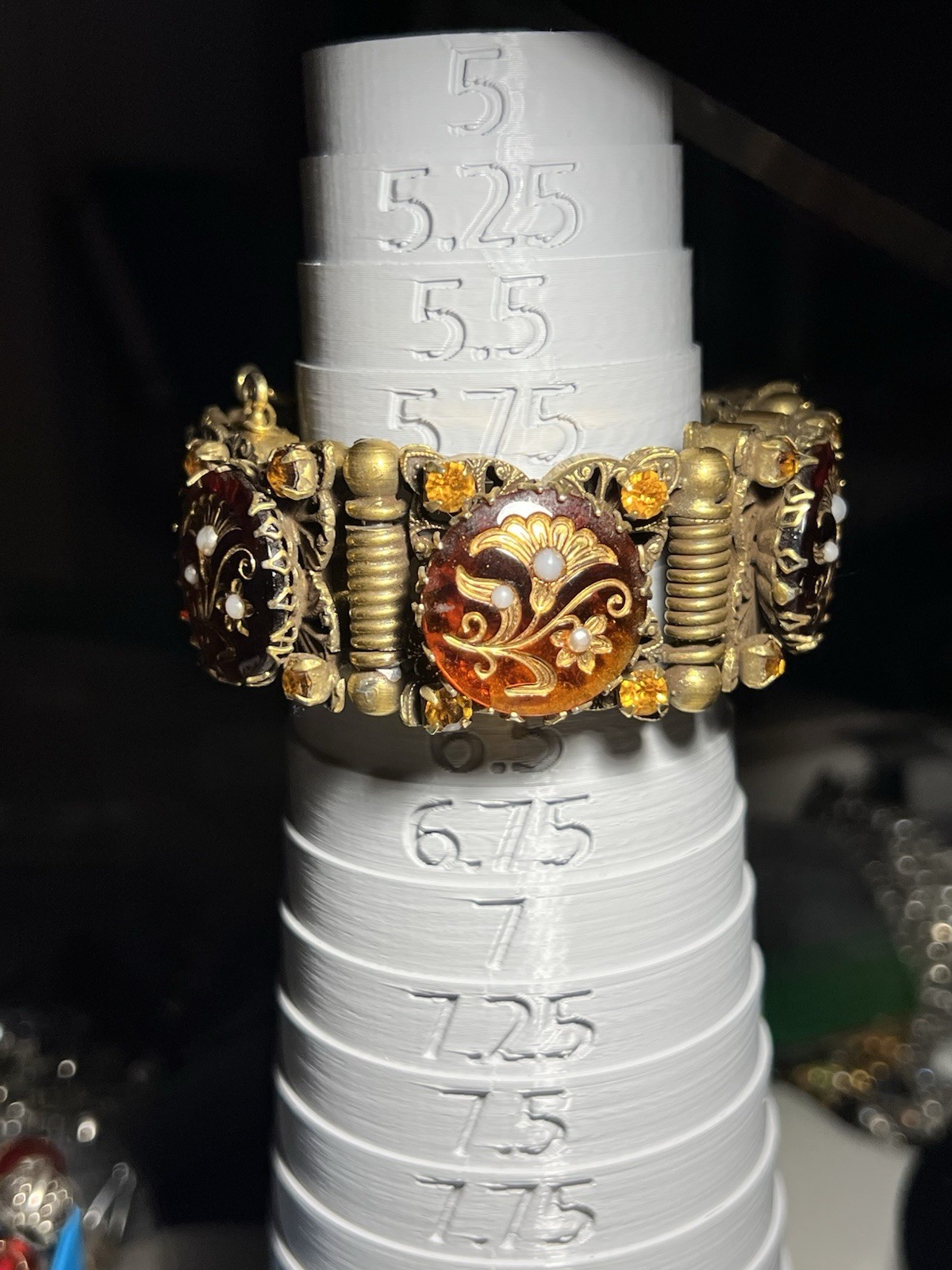 Vintage Chunky Brass Amber & Pearl Lucite Panel Bracelet Size 6.25