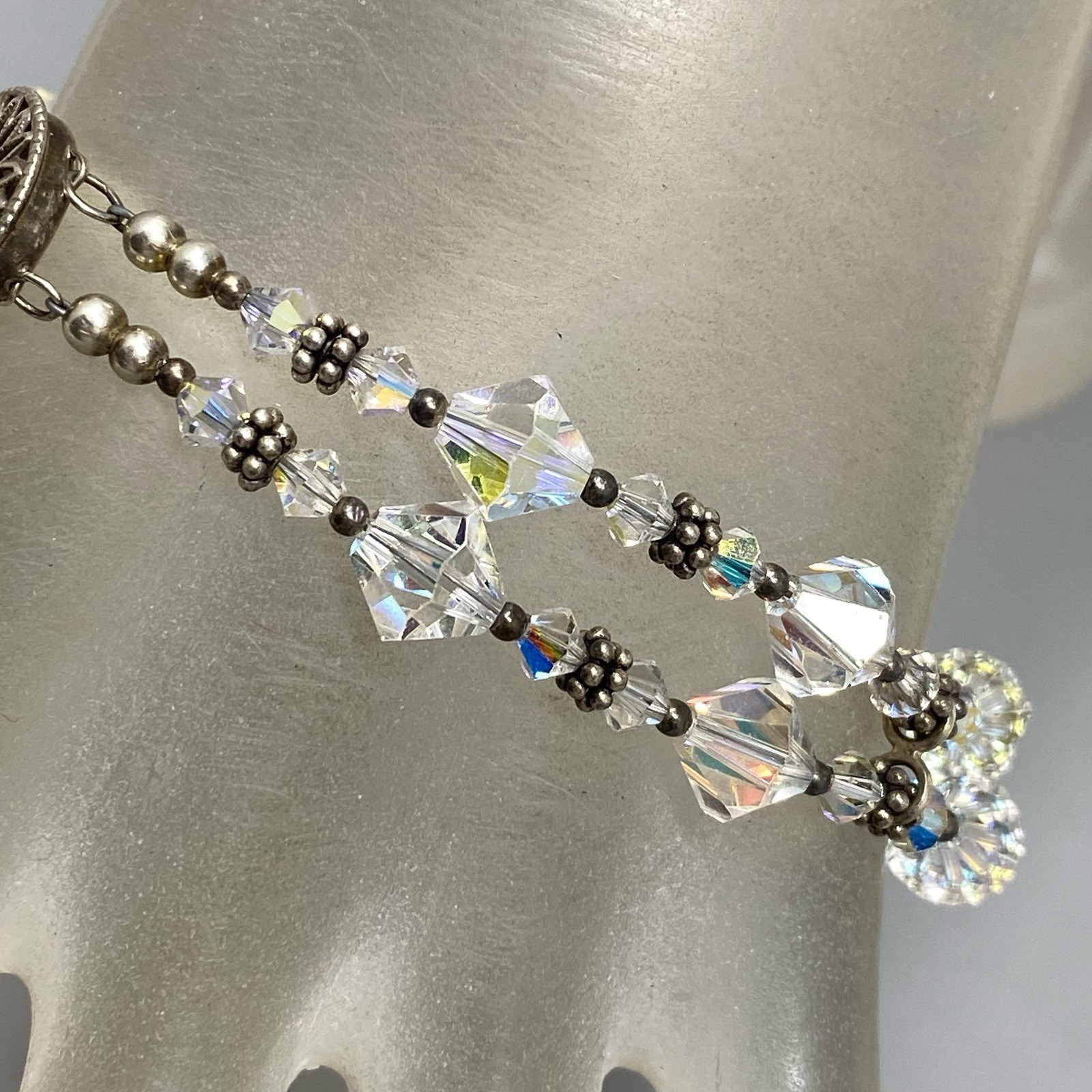 Aurora Borealis Glass Bead Bracelet Bicone Faceted Double Strand Tennis 7.5″