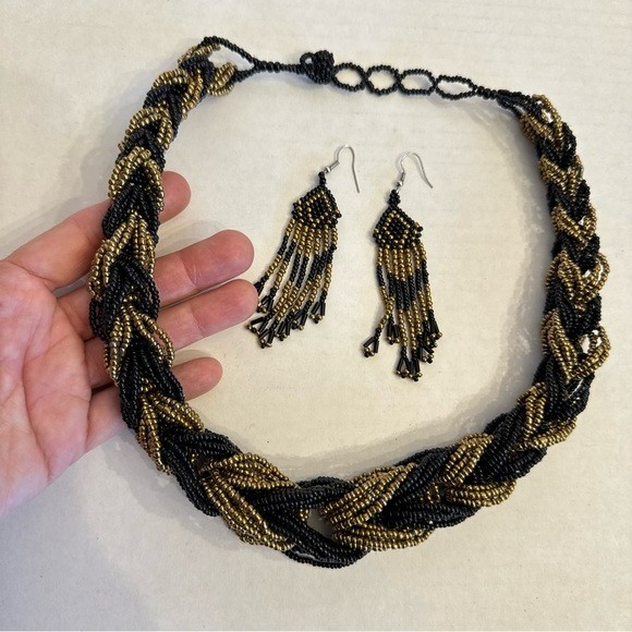 Vintage Multistrand Braided Chunky Beaded Statement Choker Necklace Earring Set