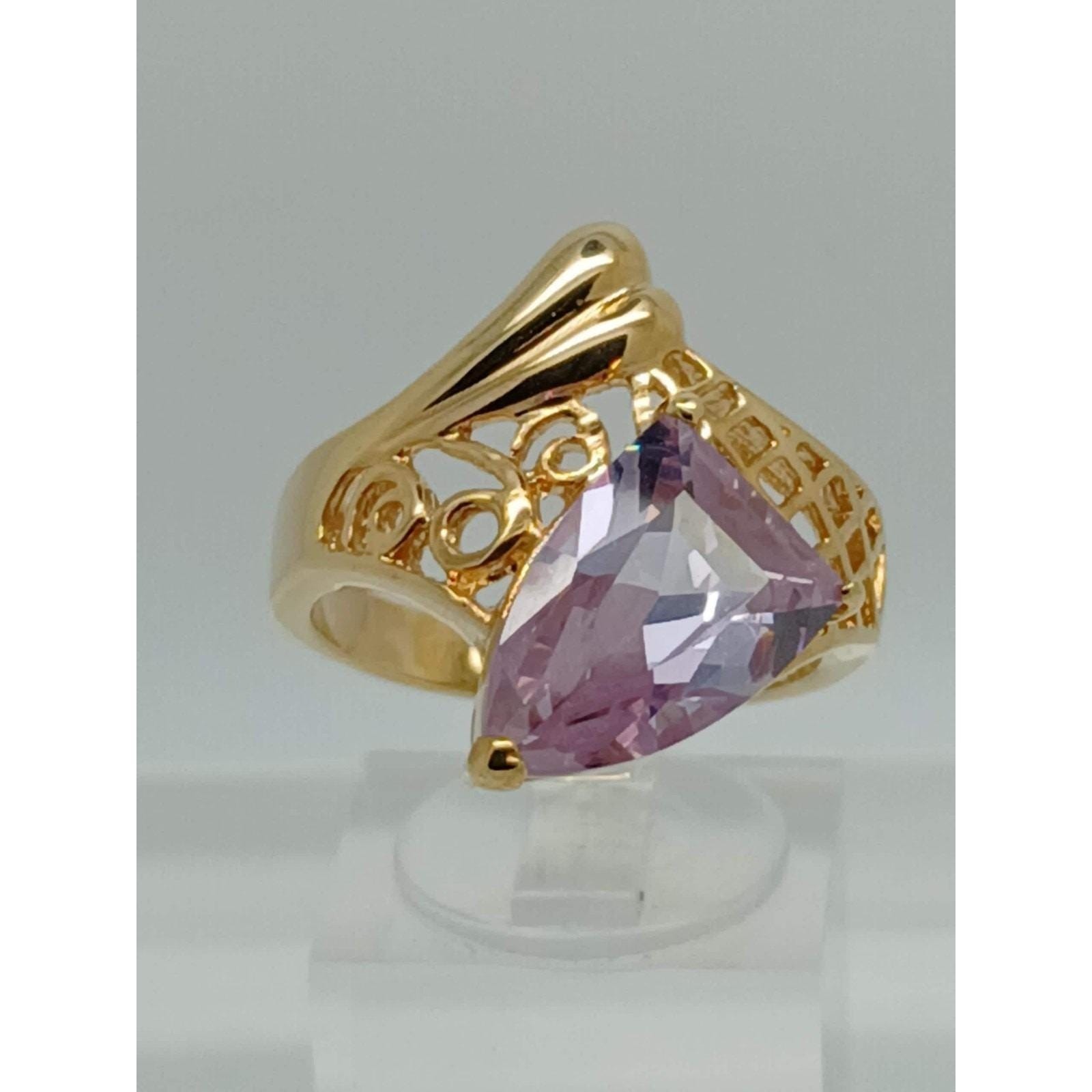 Vintage 1990s Bold Gold Tone Purple Lilac Statement Ring New-Old-Stock Size 8