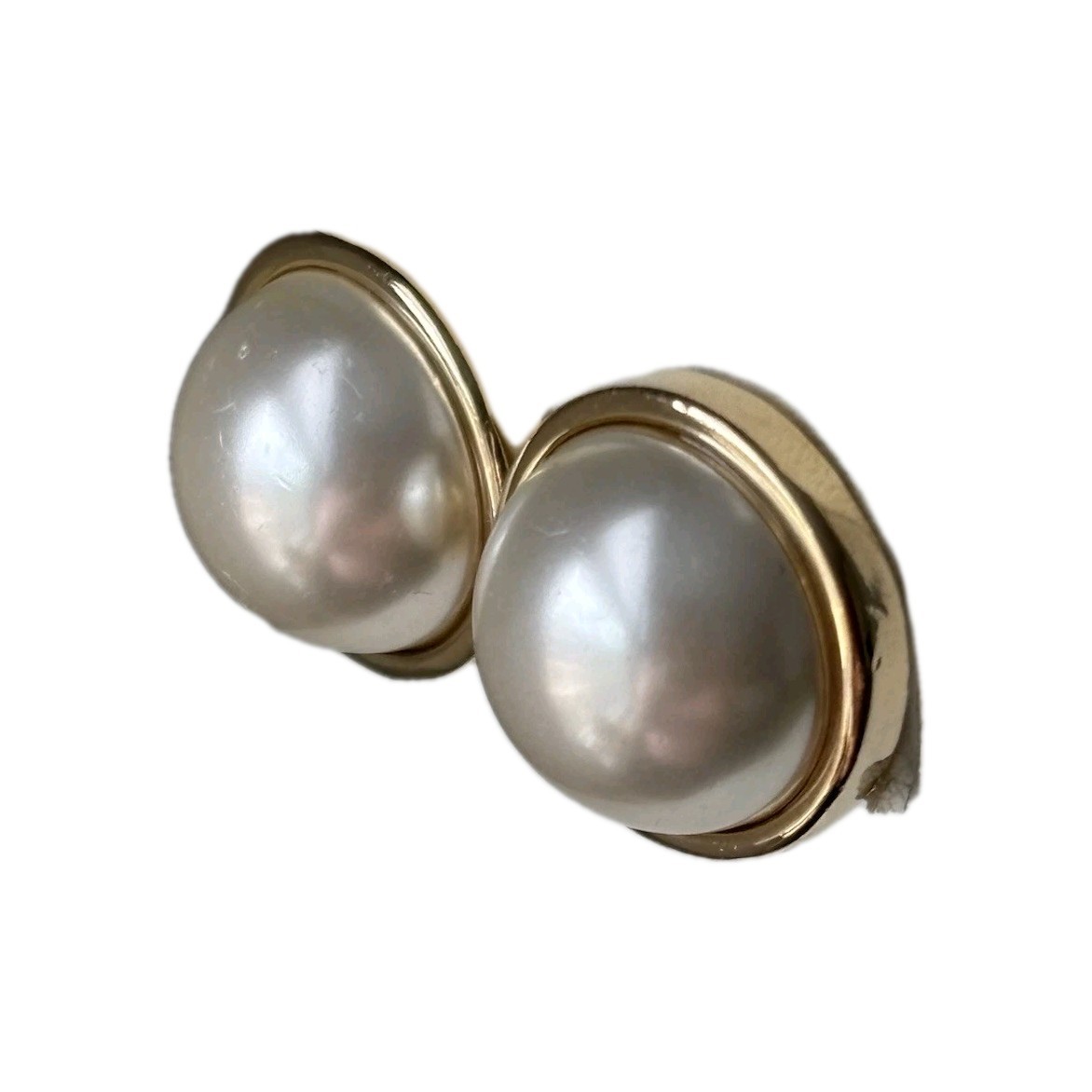 Faux Pearl Cabochon Clip On Earrings/ Measure About 1 In/ Gold Tone