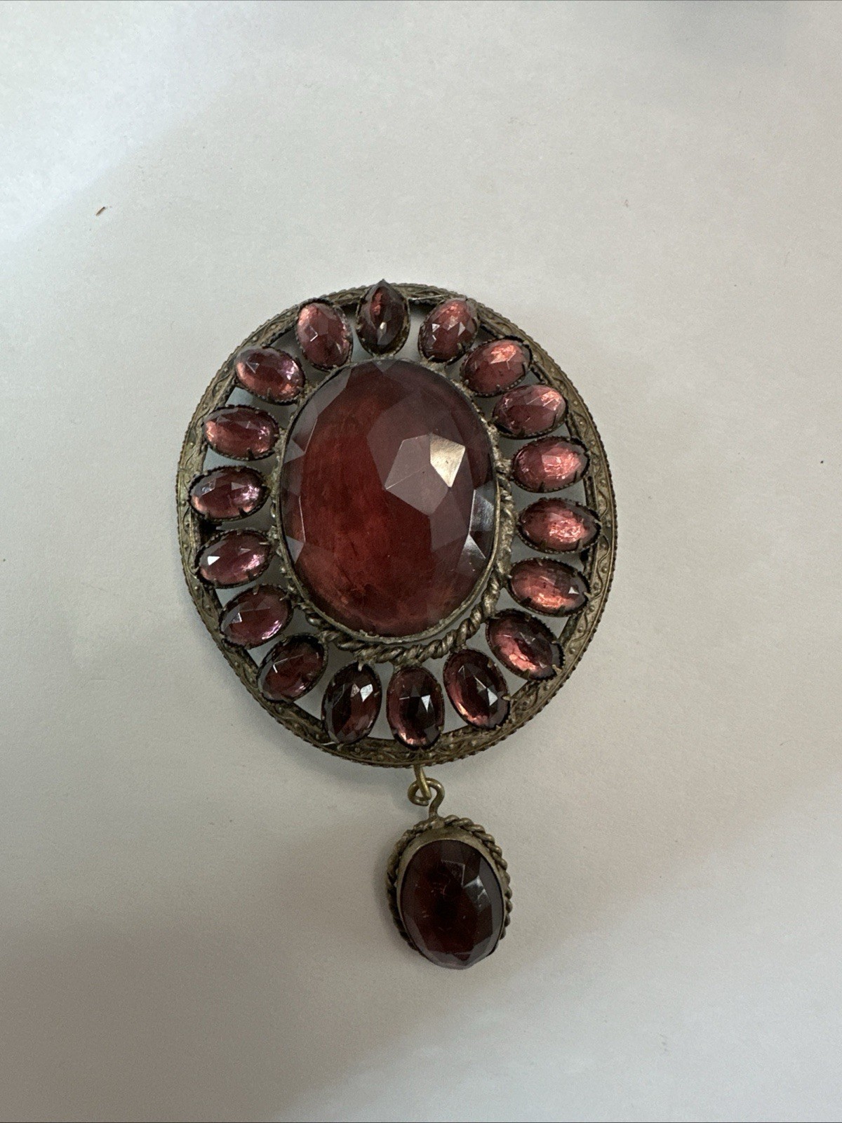 Antique Garnet Dangle Brooch – Purple Pink Cluster – Very Rare – Not Signed –
