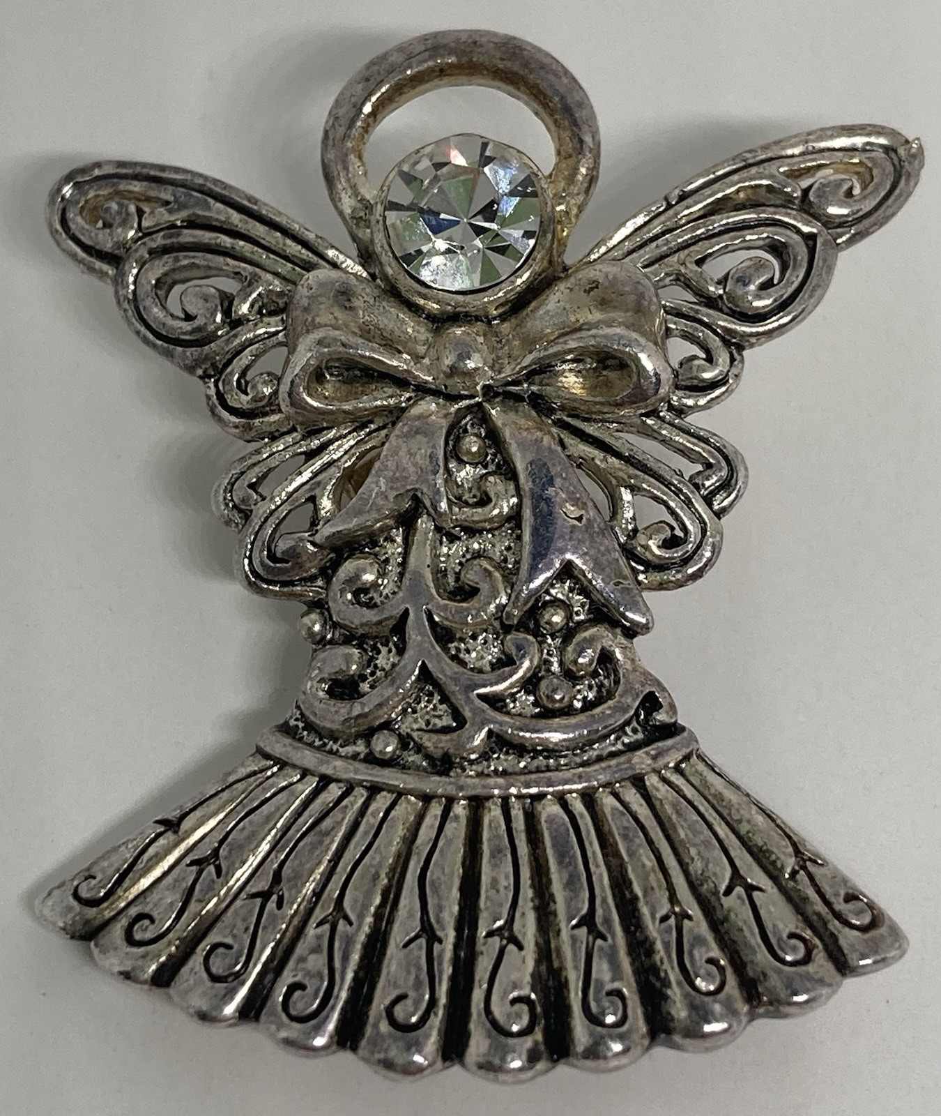 Vintage Signed MJ Marie Jennifer Silver Tone Rhinestone Angel Brooch/ Pendant