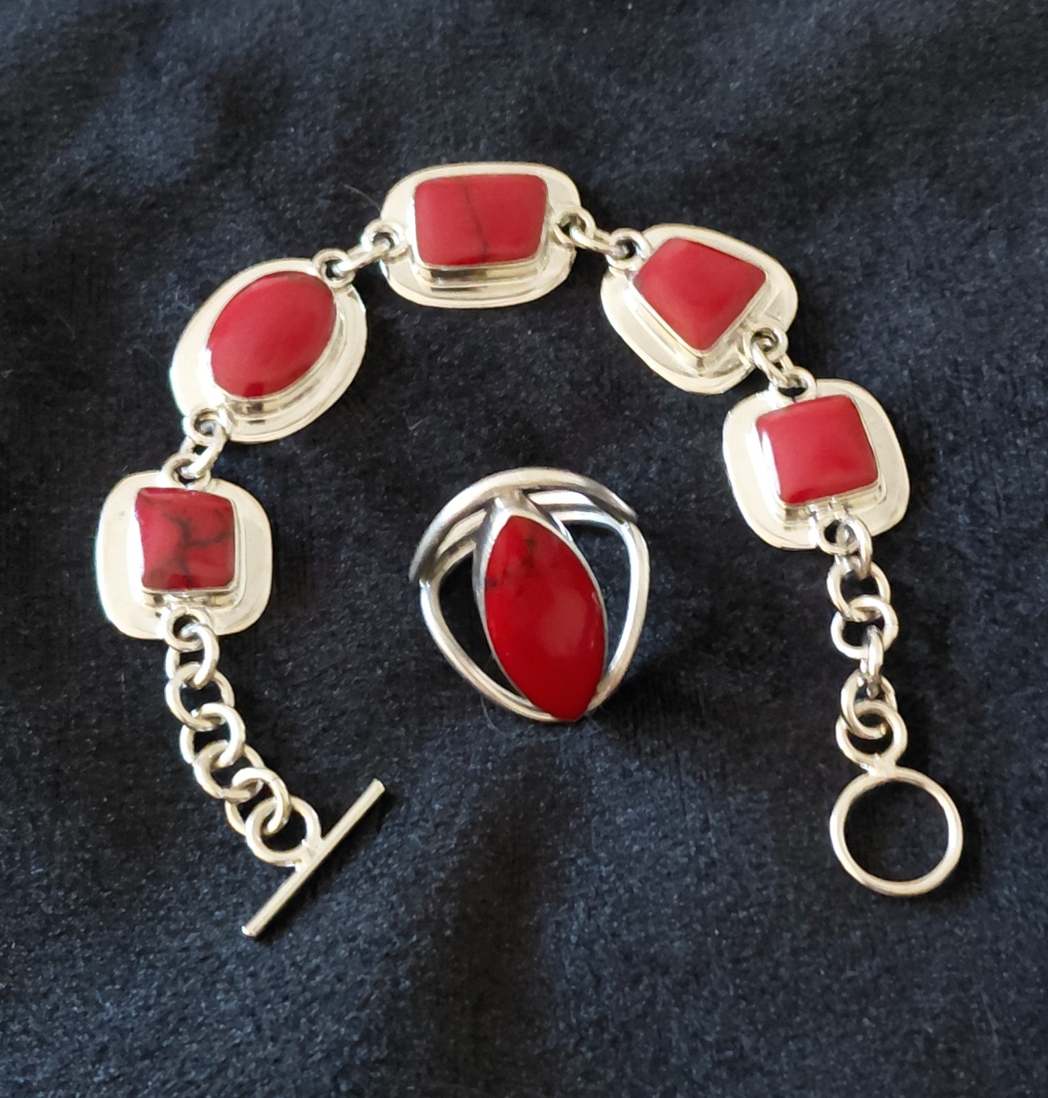 Taxco Vintage Signed ATI Mexico Sterling Silver Red Jasper Bracelet And Ring Set