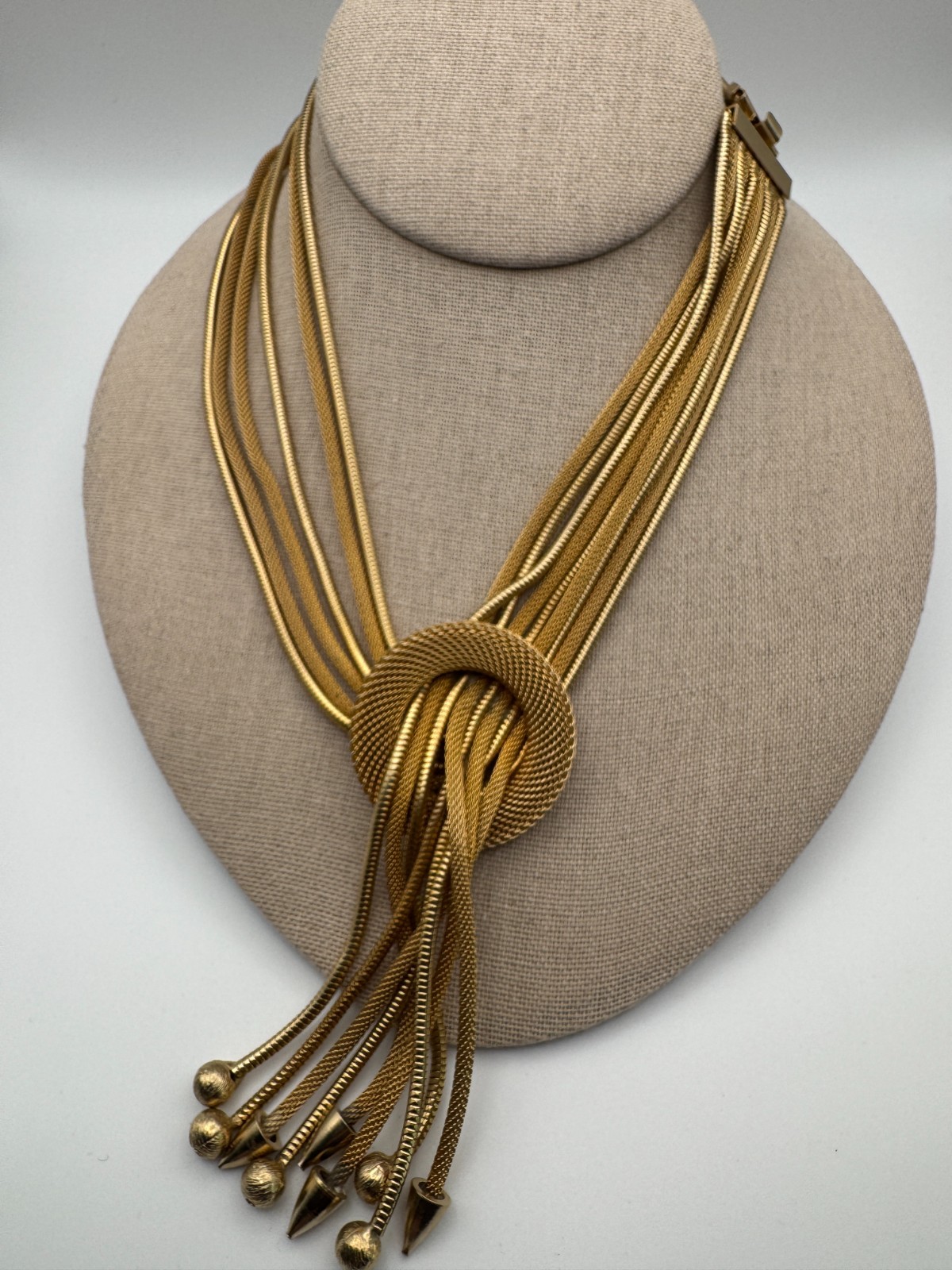 Vintage Mesh Necklace Multi Strand Snake Chain Tassel Knot Fringe Gold Tone