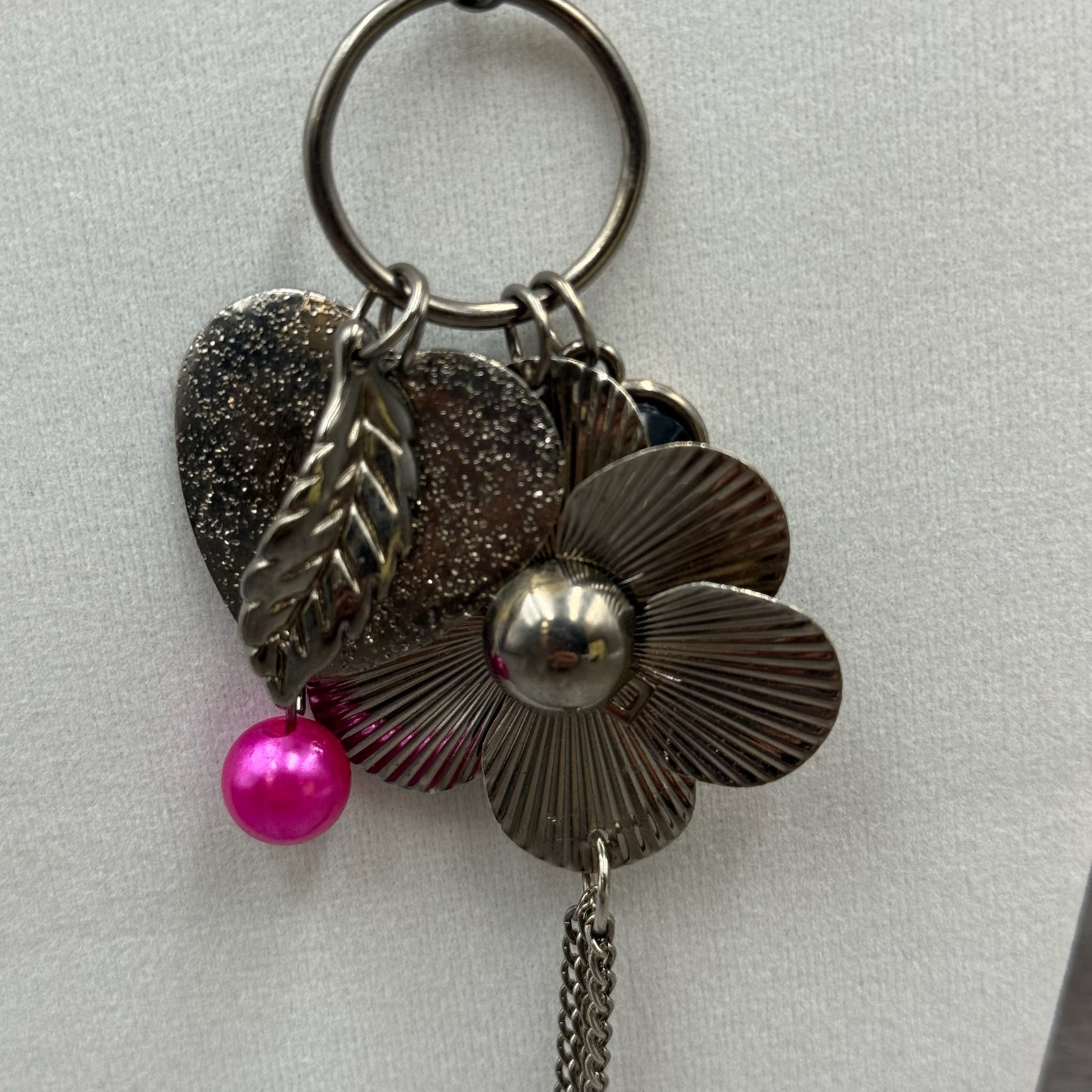 Vintage Gunmetal Tone Floral Flower Pink Bead Tassel Charms Drop Pendant