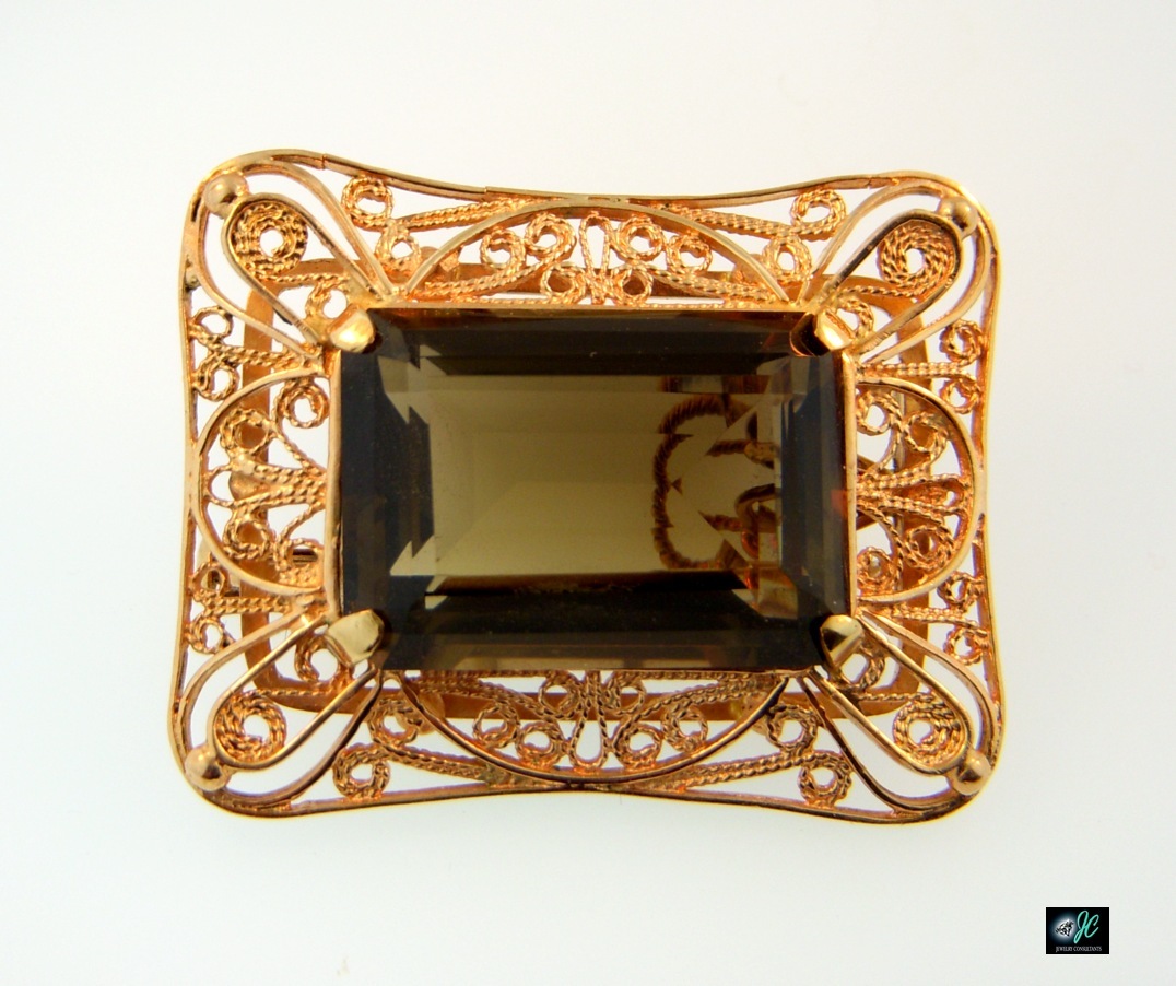 VINTAGE STUNNING RARE 14K ROSE GOLD SMOKY QUARTZ 16.8 GRAM PIN BROOCH PENDANT