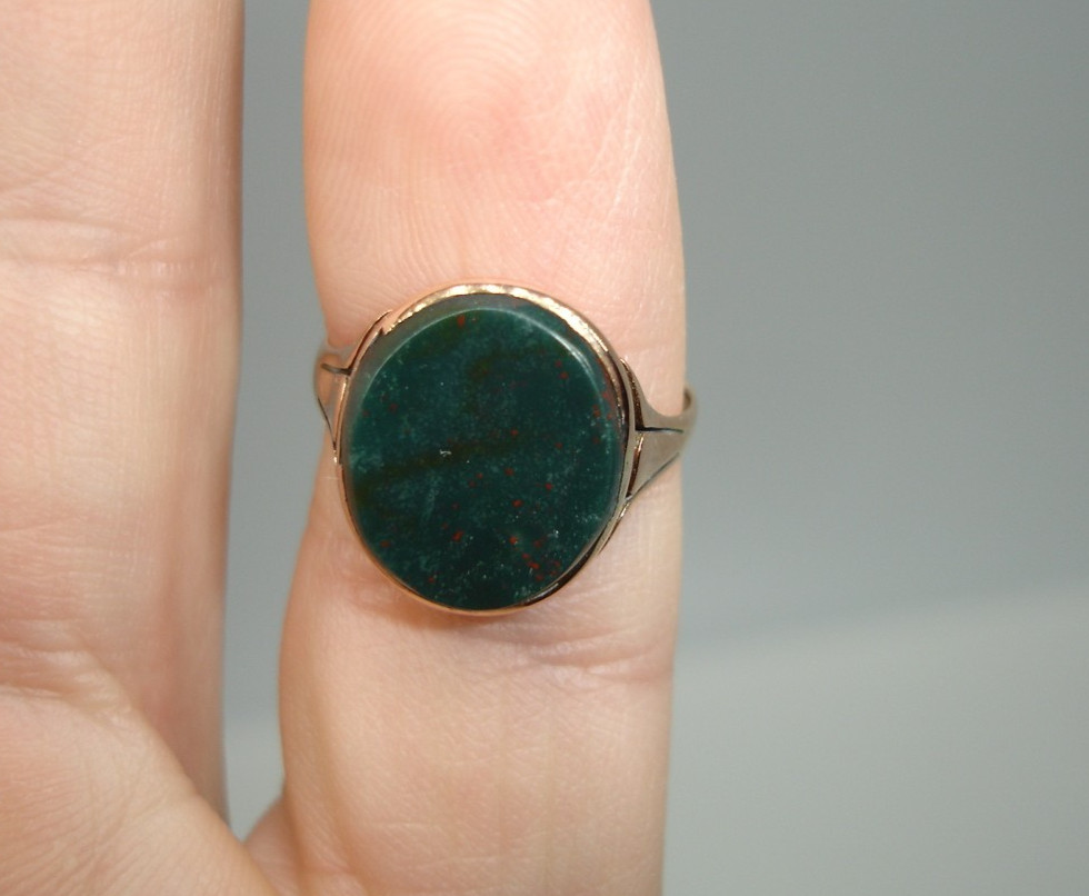 Antique Art Deco 9K Gold Bloodstone RING geometric signet band w red 3.3g sz 6.5