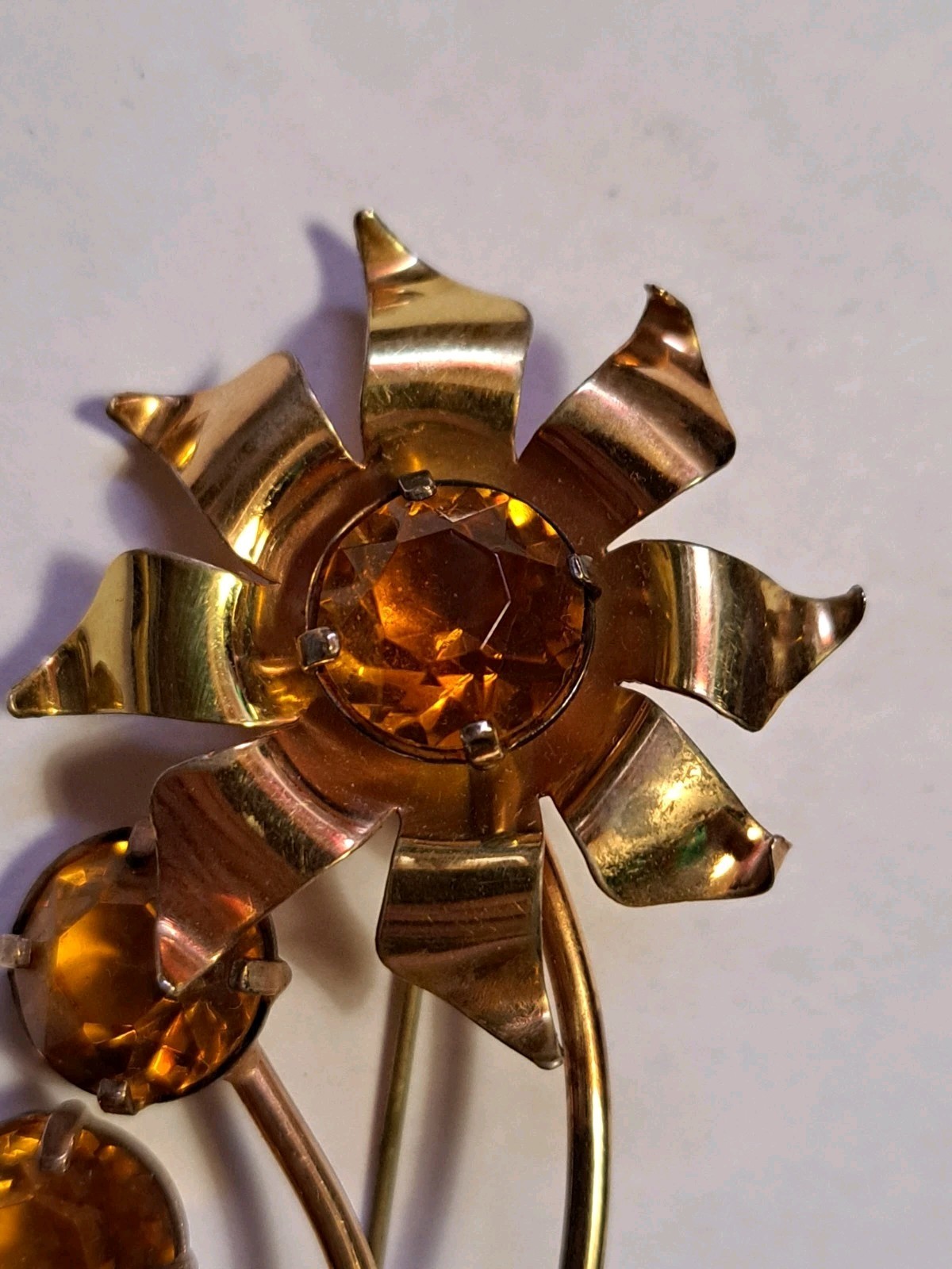 Huge 4″ Sterling Silver Gold Wash Flower Brooch Pin Amber Citrine Glass 16 Grams