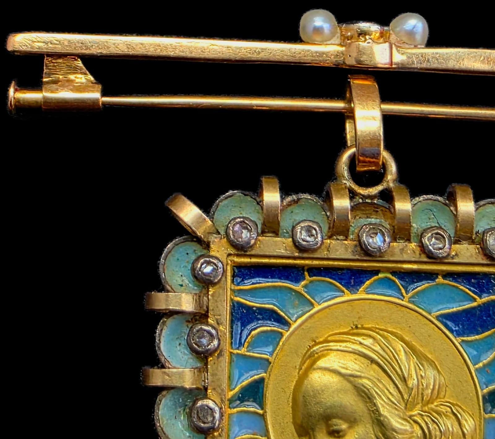 Fine Antique Art Deco 18K Gold Plique a Jour Virgin Mary Pendant Brooch C 1930