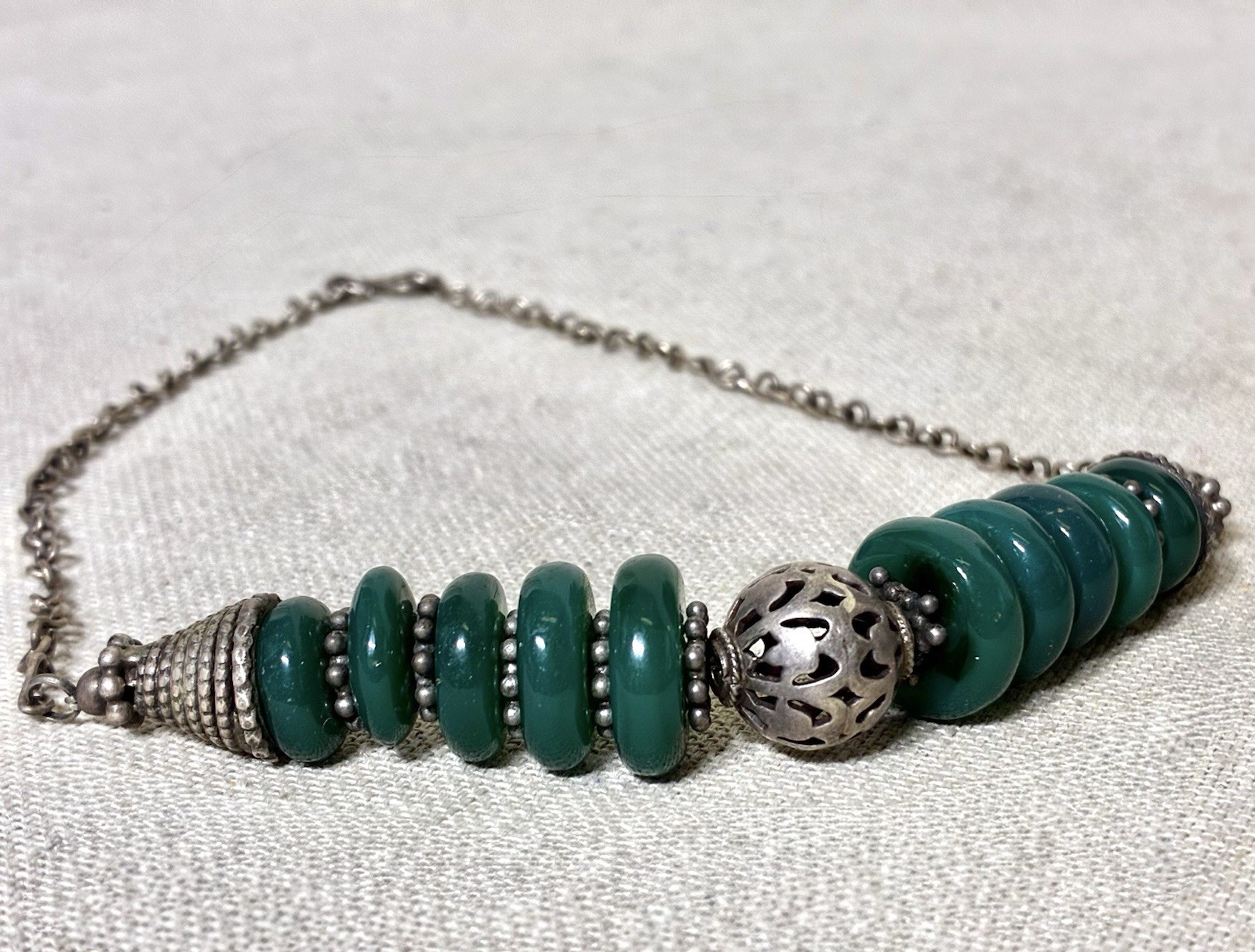 Vintage Moroccan Berber Style Sterling Silver Green Agate Bead Necklace 52g