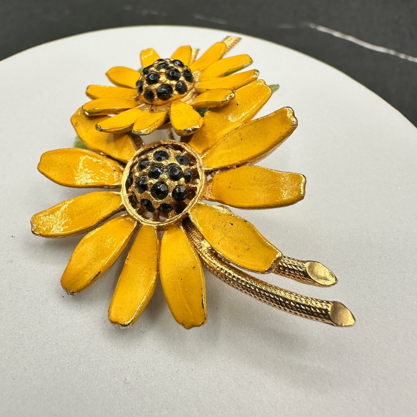 Vintage BSK Rhinestones Yellow Gold-Tone Vitreous Enamel Sunflower Brooch Pin