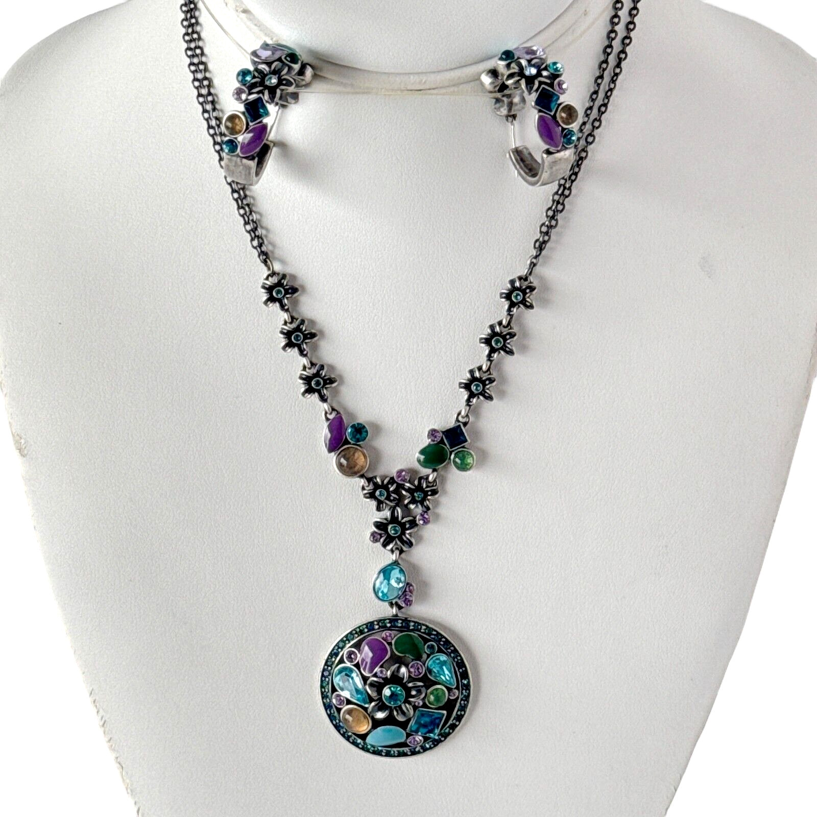 Floral Purple Blue Rhinestone Enamel Pendant Necklace / Earring Set ~Silver Tone