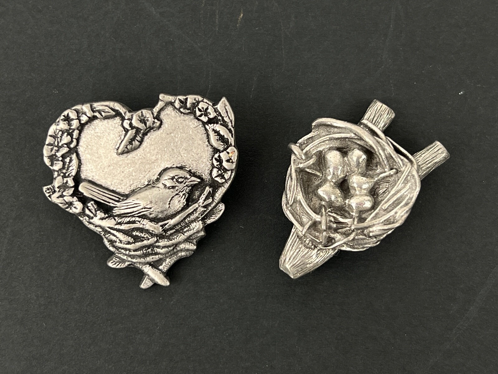 Vintage Lot of 2 Pewter BIRDS AND BLOOMS 2004 and CLIFT Birds Nest Pin Brooch