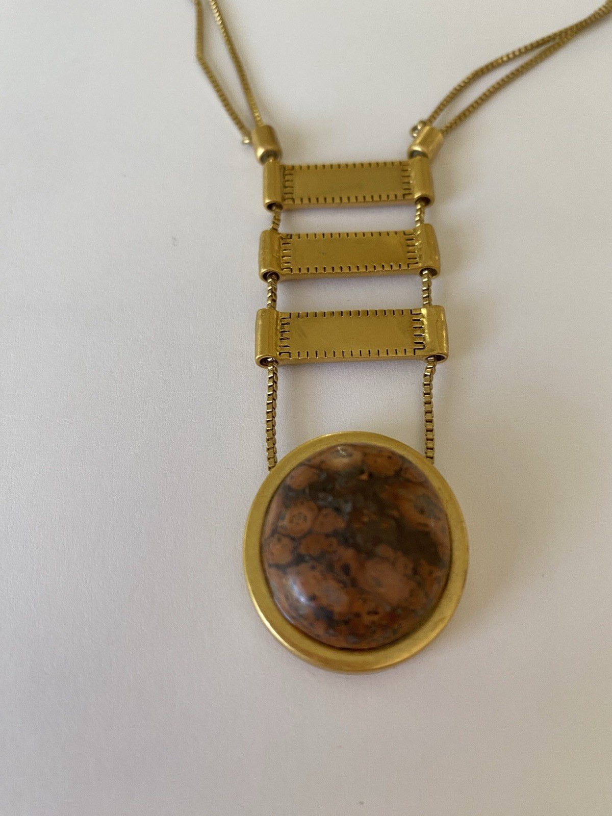 Fashion Long Necklace Gold Tone Modernist Person Metal Stone Pendant Signed M