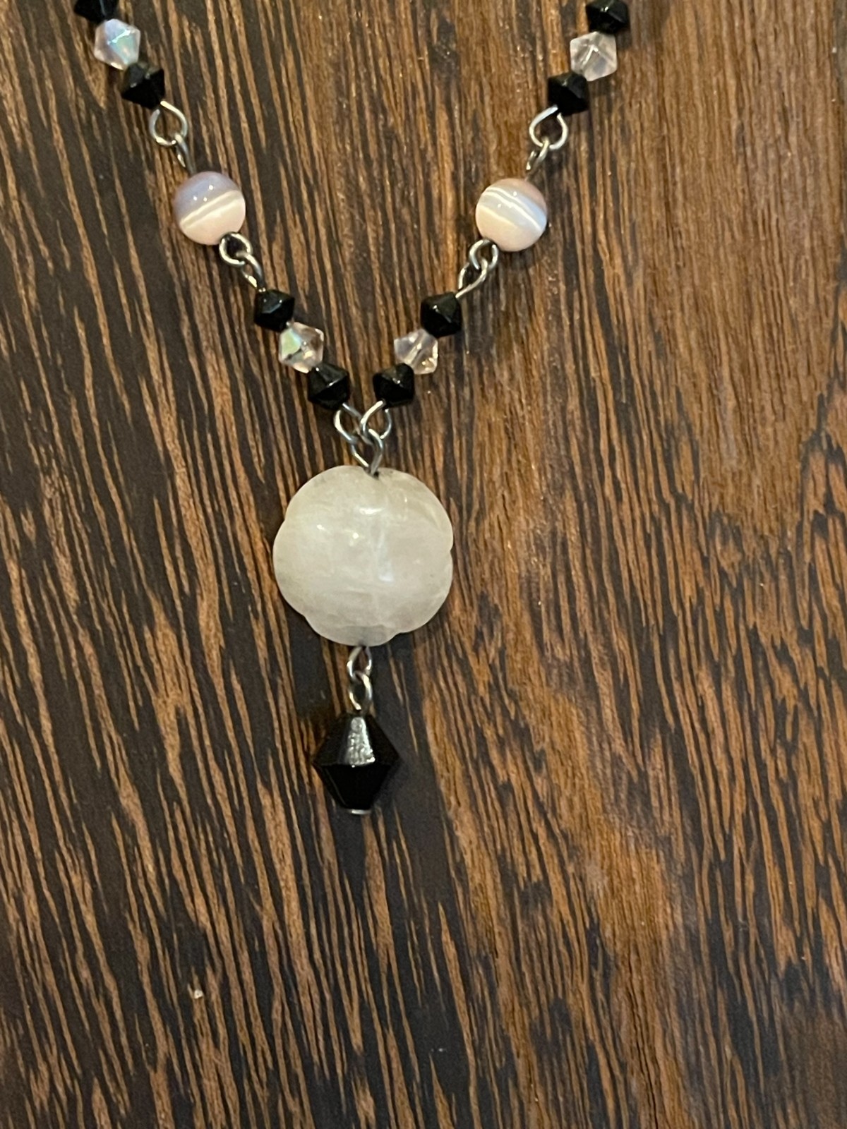 Vtg Choker Necklace With CARVED ROSE QUARTZ Pendant Faceted Black and AB Beads