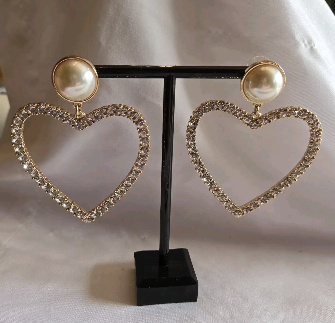 Sugarfix Signed Huge 3″ Rhinestone Heart Pierced Gold Tone Statement Earrings