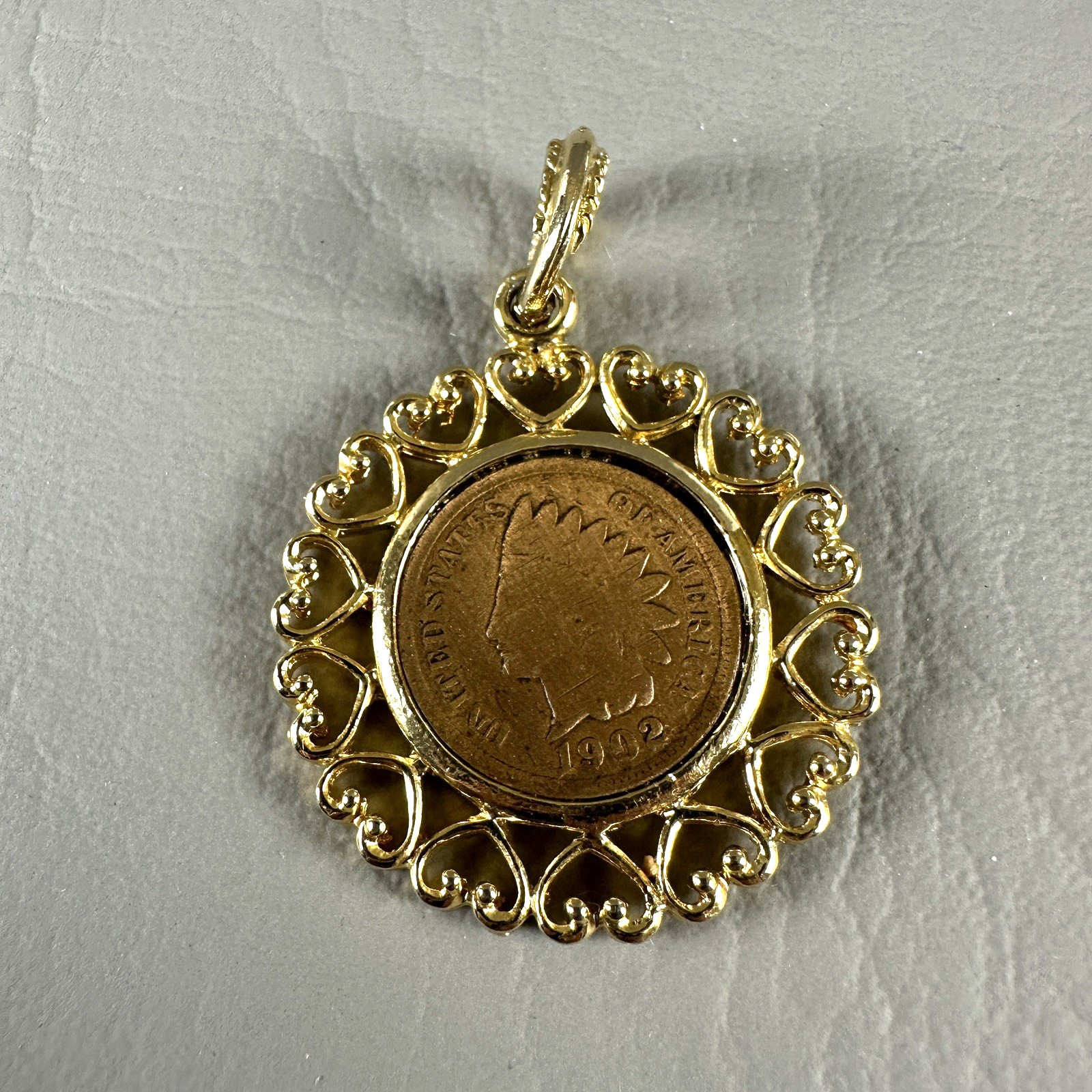 Vintage Indian Head Penny Pendant Coin Heart Filigree Gold Tone Charm 1902