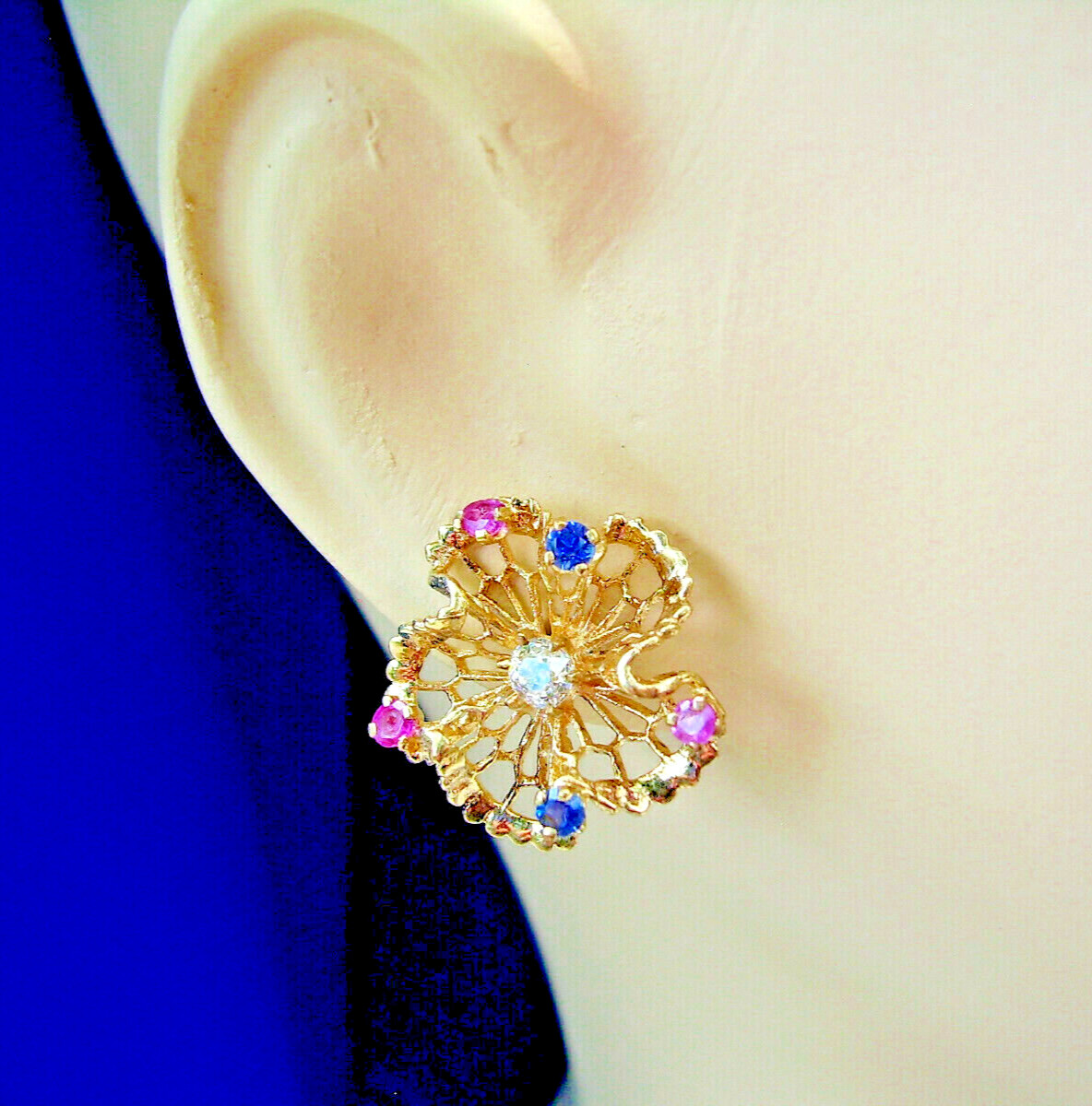 Original EARTH MINED DIAMOND Sapphire Ruby Deco Earrings Vintage SOLID 14K GOLD