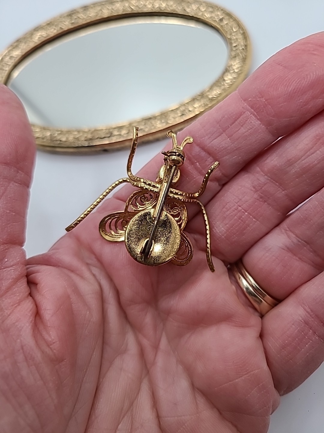 Vintage Goldtone Filagree Rhinestone Pink Blue Winged Bug Insect Brooch