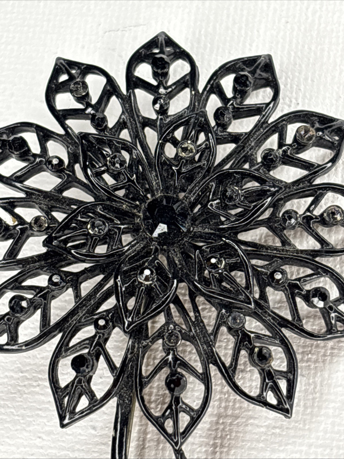 VTG Costume Jewelry Black Enamel Filigree Flower Brooch Pin Black Rhinestone 3”