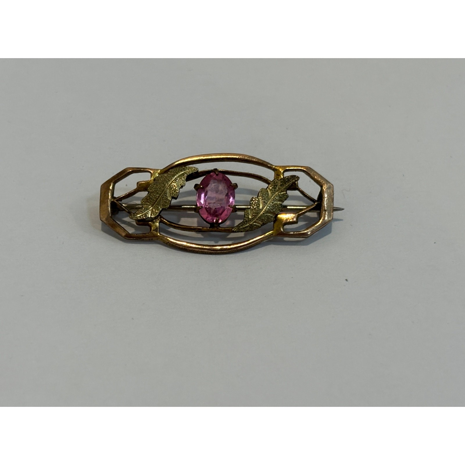 Antique Brooch Pin Gold Wash Pink Glass
