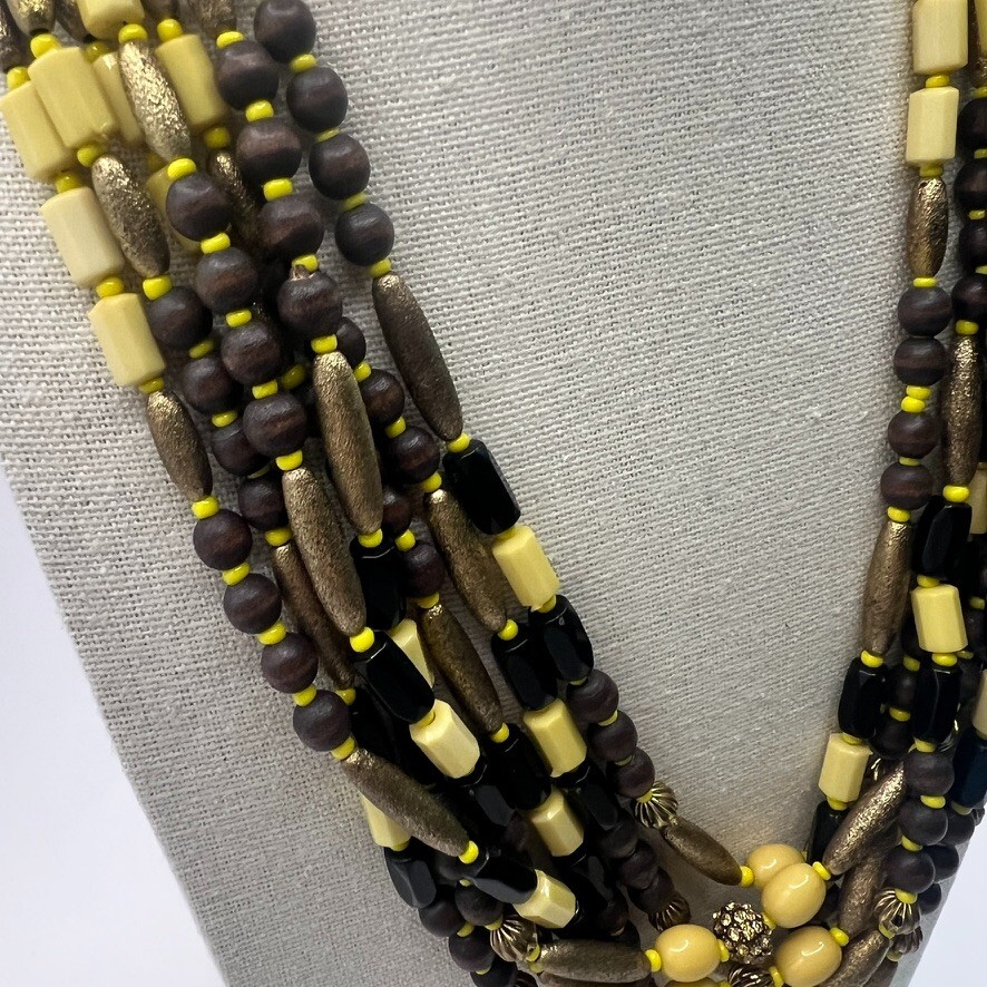 Vintage Boho Multi-Strand Necklace Yellow Black Natural Wood Seed Beads Earthy