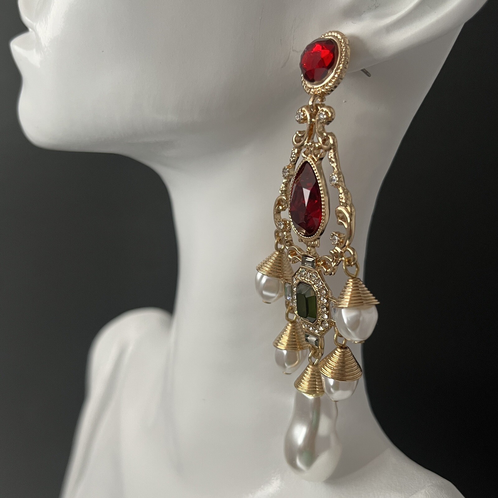 Baroque Chandelier Earrings Gold Red Faux Pearl Pierced Dangle Ornate Runway