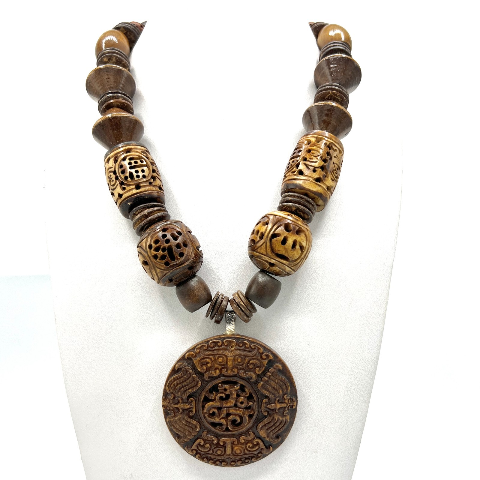 Chunky Vtg Artisan Carved Wood Bead Necklace-Asian Style Ceramic Medal Pendant