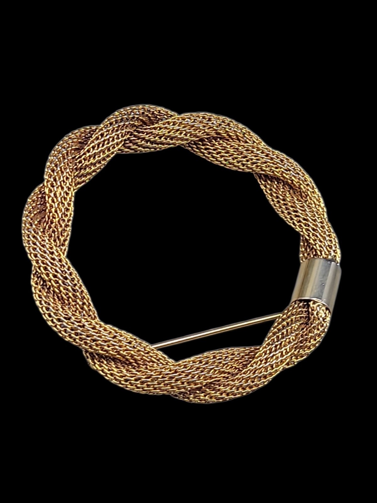 Vintage Gold-Tone Braided Mesh Circle Brooch Pin With Safety Clasp