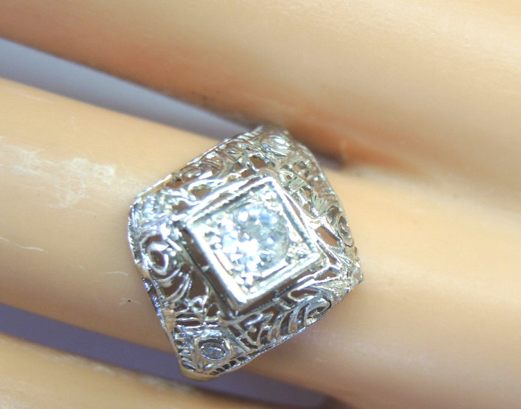 Antique Art Deco Diamond Engagement 18K White Gold Ring Size 5.75 EGL USA