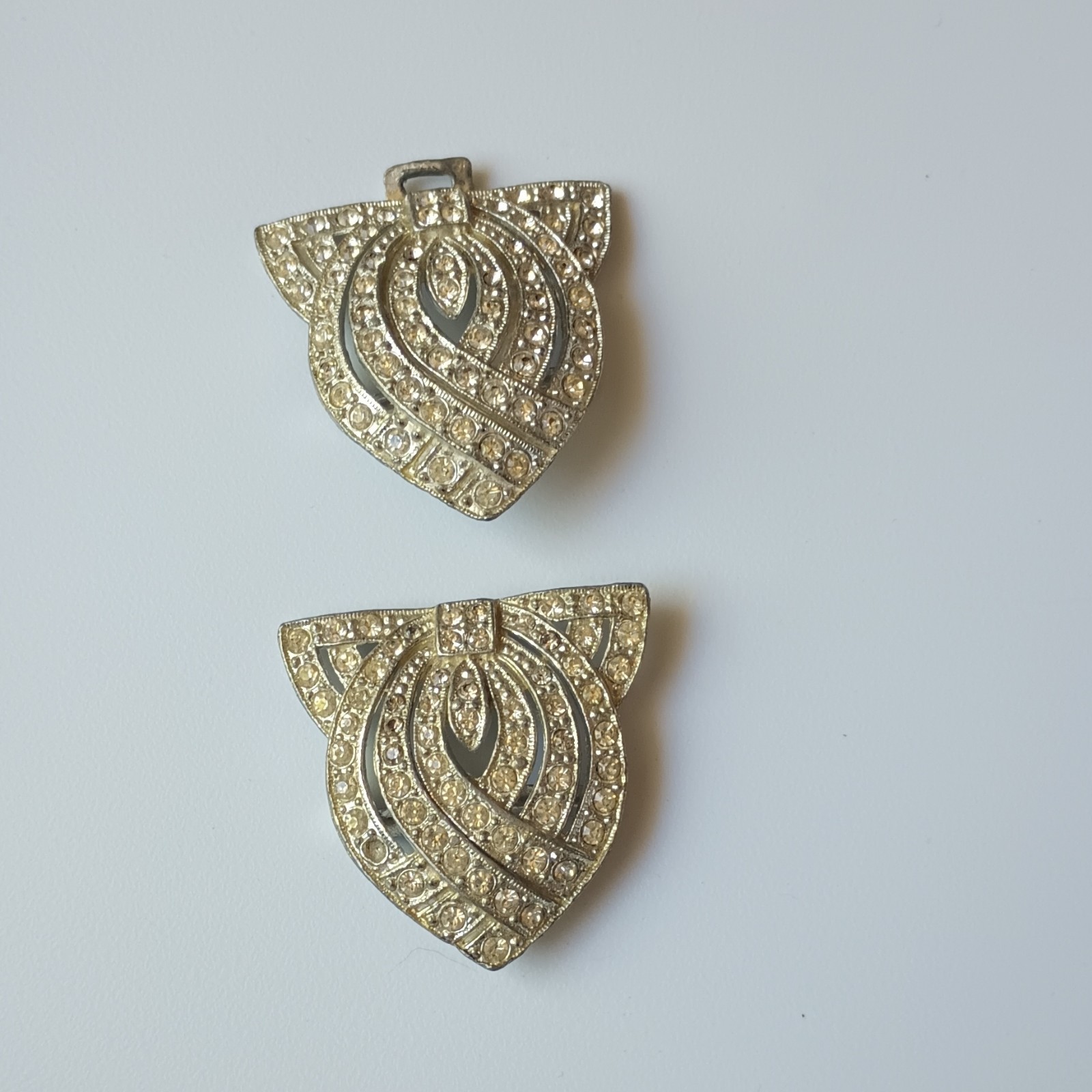Gold Tone Clear Rhinestone Triangle Dress/Scarf Clips Pair Art Deco Women