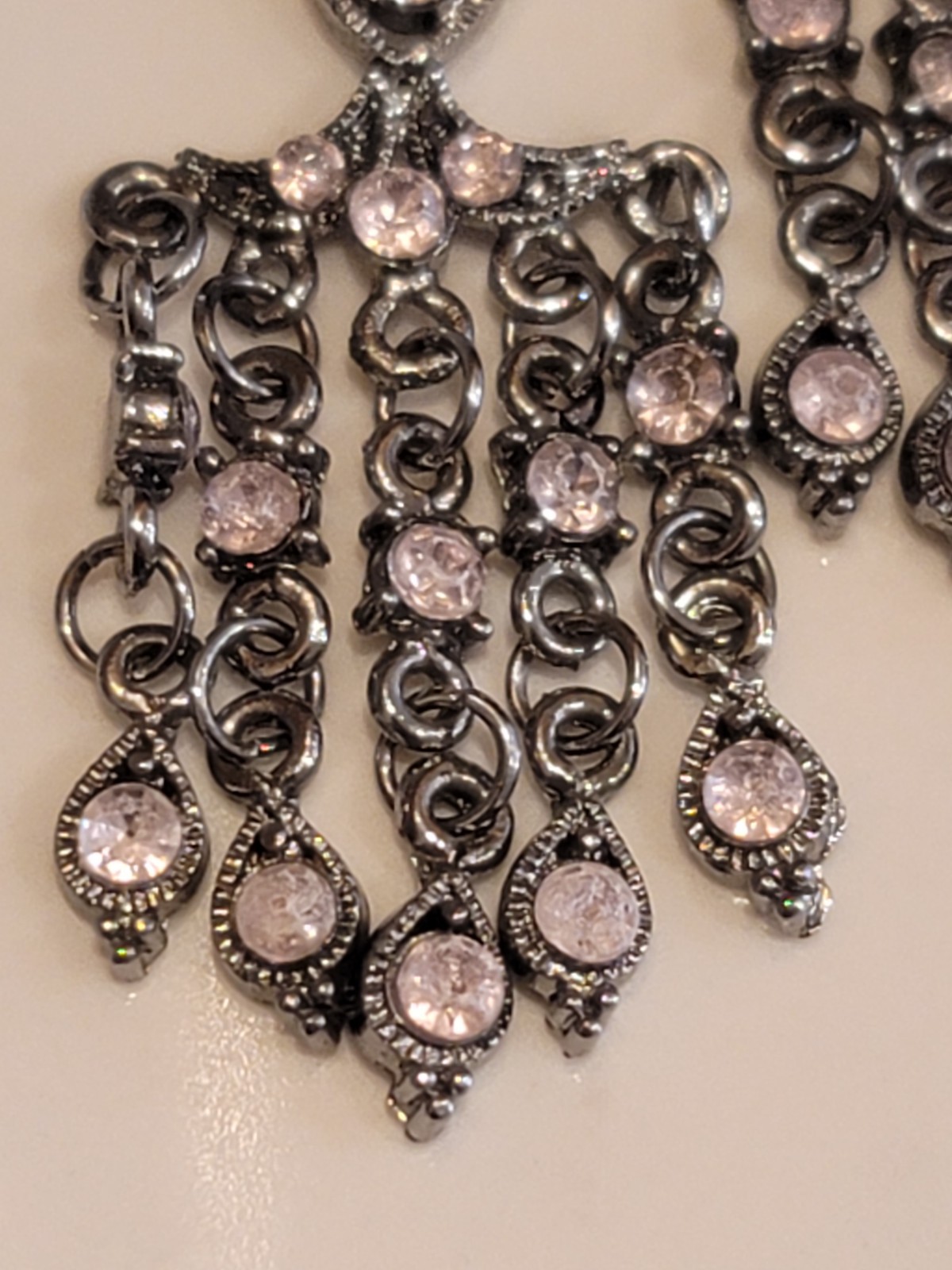Vintage Style Chandelier Earrings Pink Rhinestone Gunmetal Dangle Boho