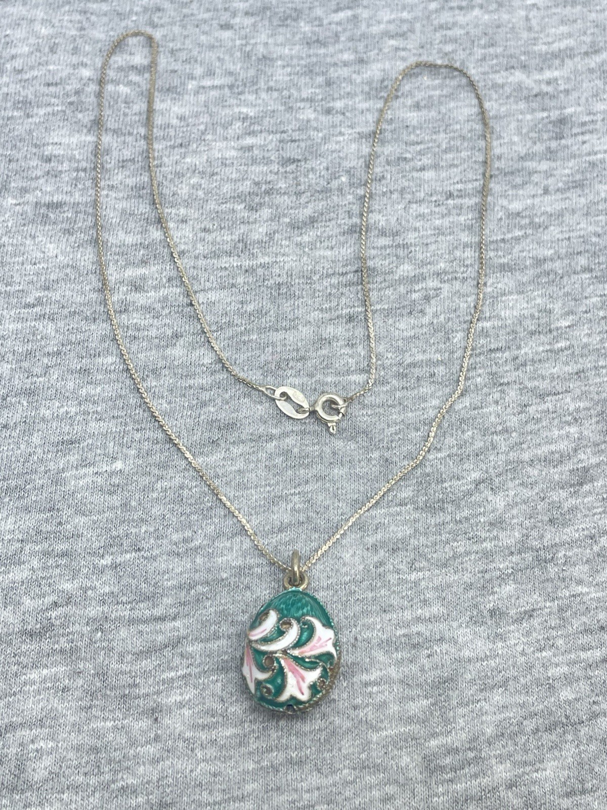 Vtg Sterling Silver 980 Cloisonne Lilies Enamel Russian Egg Pendant Chain
