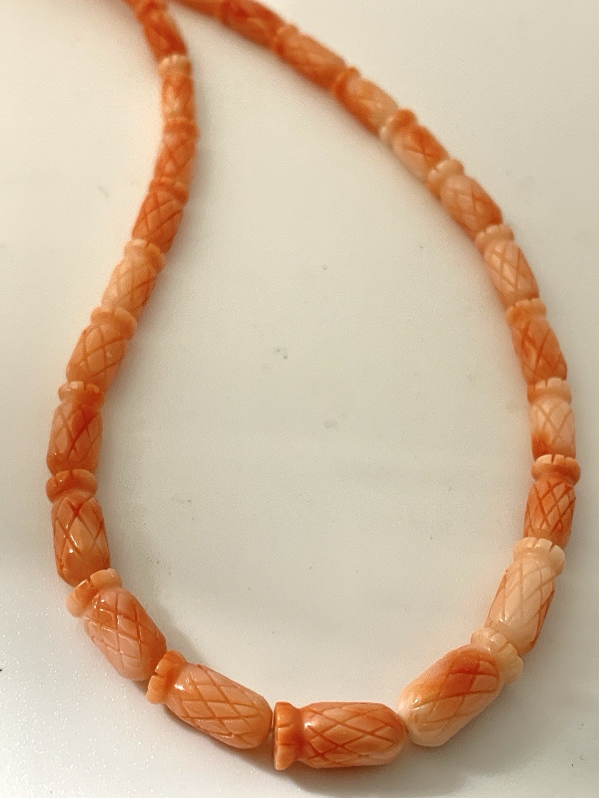 Vintage Carved Genuine Pineapple Carved Coral Bead Necklace Barrel Clasp